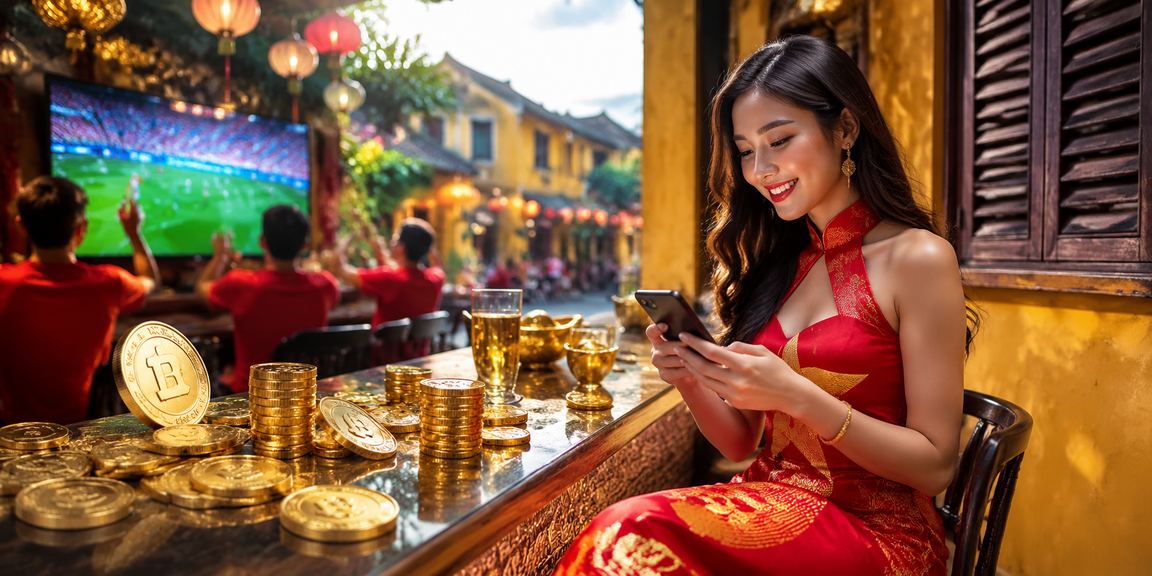 Người dùng xem phân tích cá cược trên điện thoại tại lễ hội Hội An về đêm