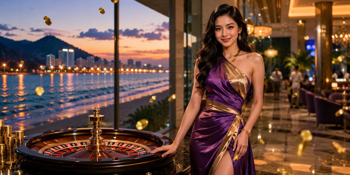 Khung cảnh bãi biển Vũng Tàu về đêm với người chơi thưởng thức roulette trực tuyến trên thiết bị di động