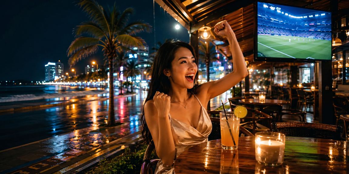 Bãi biển Vũng Tàu buổi sáng, người dùng mở trang phân tích cá cược trên điện thoại